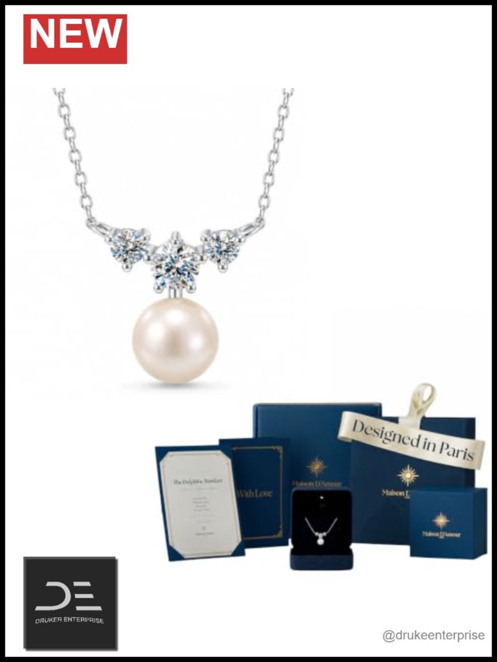 Freshwater Pearl Moissanite Pendant Necklace 925 Sterling Silver Rhodium Plated